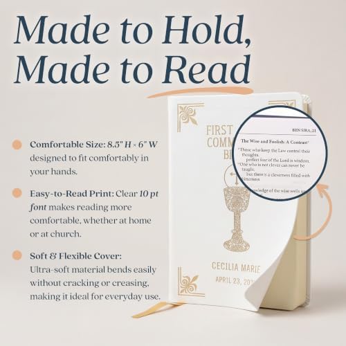 Personalized Catholic Bible with Name Engraved, NABRE - First Communion Gift for Teens, Boys, Girls - White Custom Holy Bible for Study, Religious Keepsake Gift