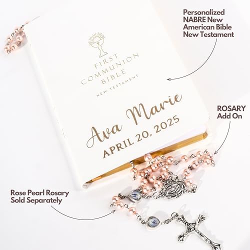 Personalized First Communion Bible New Testament with Rosary Set – Custom Name and Date, Catholic First Communion Gift, Holy Sacrament, Acrylic Gift Box, Religious Keepsake, Biblia Primera Comunion