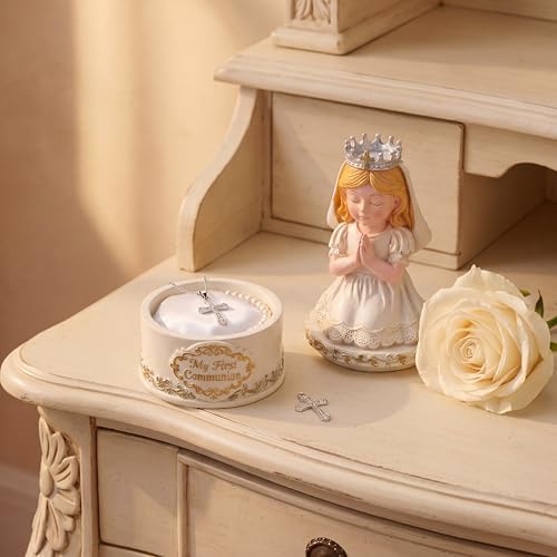 Bucherry First Communion Gifts for Girls 7.4 Inch Catholic First Holy Girl Praying Figurine Resin Box for Girls 1st Communion Gifts Baby Shower Religious Catholic Christian Table Decoration