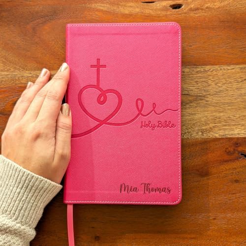 SacredBound Personalized Pink NIV Bible for Kids – Engraved Name Kids Bible, LeatherSoft Thinline | Custom Girls Christian Gift, Red Letter, Comfort Print (Name Only)
