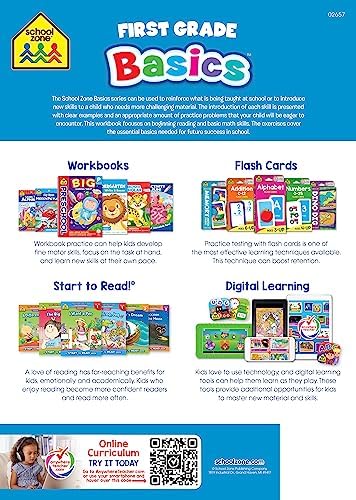 School Zone First Grade Basics Workbook: 96 Pages, Kindergarten, 1st Grade, Phonics, Vowels, Beginning Reading, Math, Telling Time, Money, Ages 5-7 by School Zone