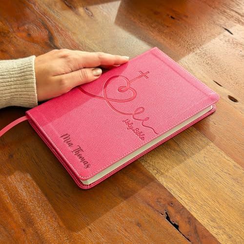 SacredBound Personalized Pink NIV Bible for Kids – Engraved Name Kids Bible, LeatherSoft Thinline | Custom Girls Christian Gift, Red Letter, Comfort Print (Name Only)