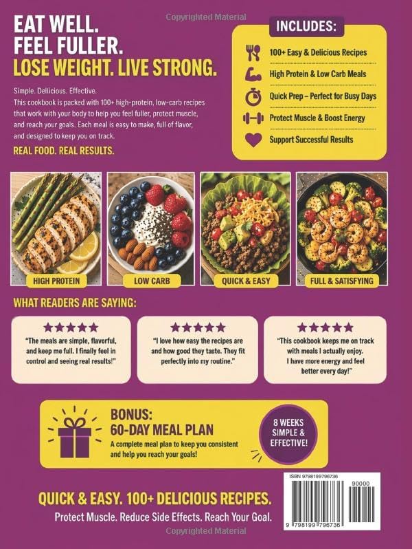 The Easiest GLP-1 High Protein Cookbook for Weight Loss: 100+ Delicious Low Carb Recipes to Protect Muscle, Reduce Side Effects, and Keep the Weight Off | Stress-Free 60-Day Meal Plan by Lyra Cade
