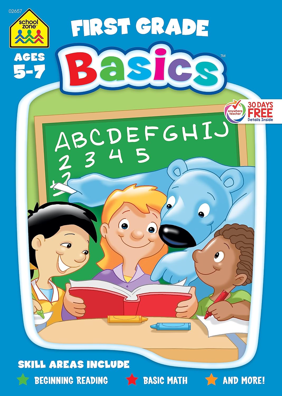 School Zone First Grade Basics Workbook: 96 Pages, Kindergarten, 1st Grade, Phonics, Vowels, Beginning Reading, Math, Telling Time, Money, Ages 5-7 by School Zone