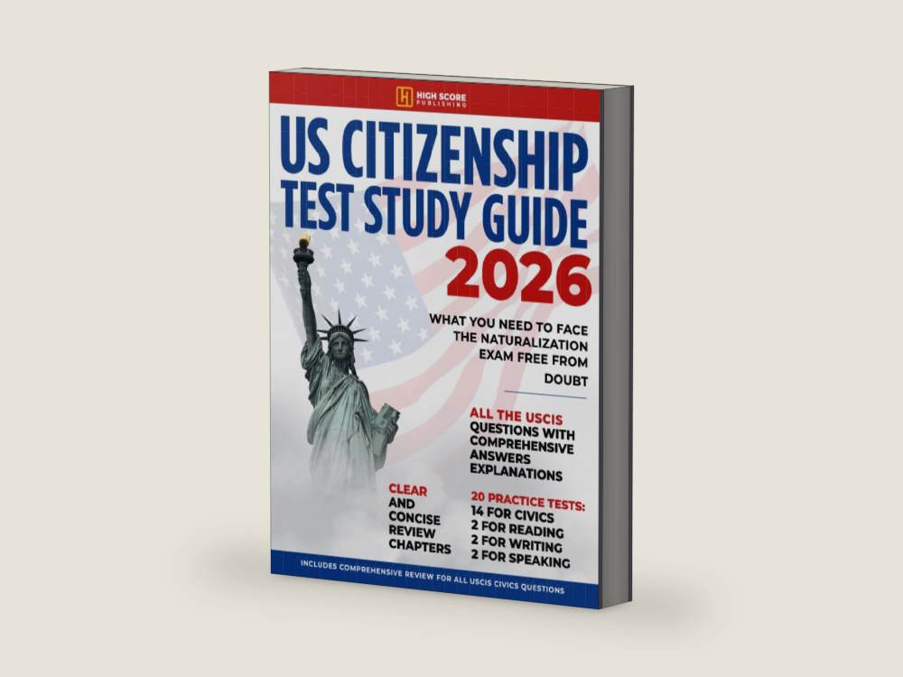 US Citizenship Test Study Guide: What You Need to Face the Naturalization Exam Free from Doubt | Includes Comprehensive Review for All USCIS Civics Questions by High Score Publishing | barcode:9798180838087 | source:9798180838087-right-three-quarter.jpg