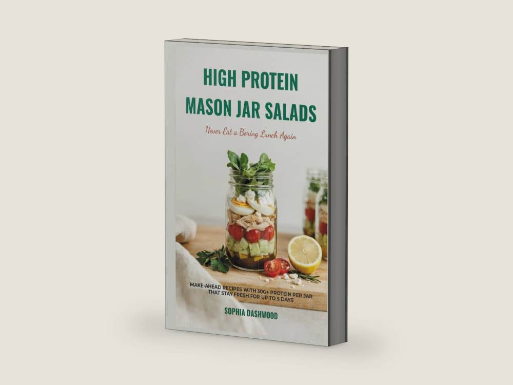 HIGH PROTEIN MASON JAR SALAD COOKBOOK - Never Eat a Boring Lunch Again: Make-Ahead Recipes with 30g+ Protein Per Jar That Stay Fresh for Up to 5 Days (Mason Jar Kitchen) by Sophia Dashwood | barcode:9798184228587 | source:9798184228587-right-three-quarter.jpg