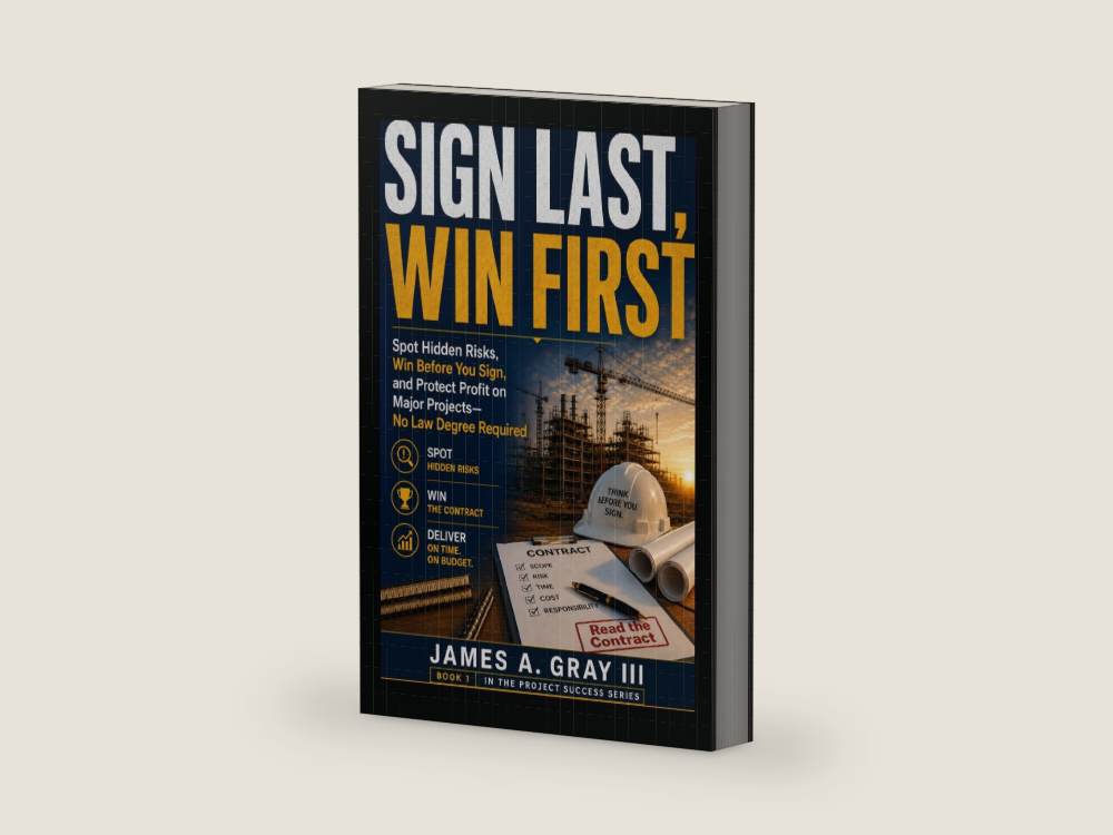 Sign Last, Win First: Spot Hidden Risks, Win Before You Sign, and Protect Profit on Major Projects—No Law Degree Required by James A. Gray III | barcode:9798185106075 | source:9798185106075-right-three-quarter.jpg
