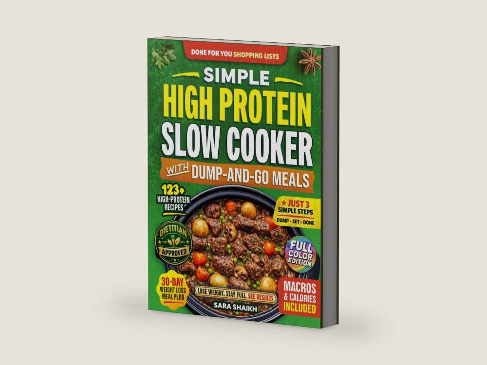Simple High Protein Slow Cooker Cookbook with Dump-and-Go Meals: 123+ Fast, Flavor-Packed Weight Loss Recipes and 30-Day Meal Plan with Clear Macros to Build Muscle, Lose Fat, and Make Easy Dinners by Sara Shaikh | barcode:9798195471040 | source:9798195471040-right-three-quarter.jpg
