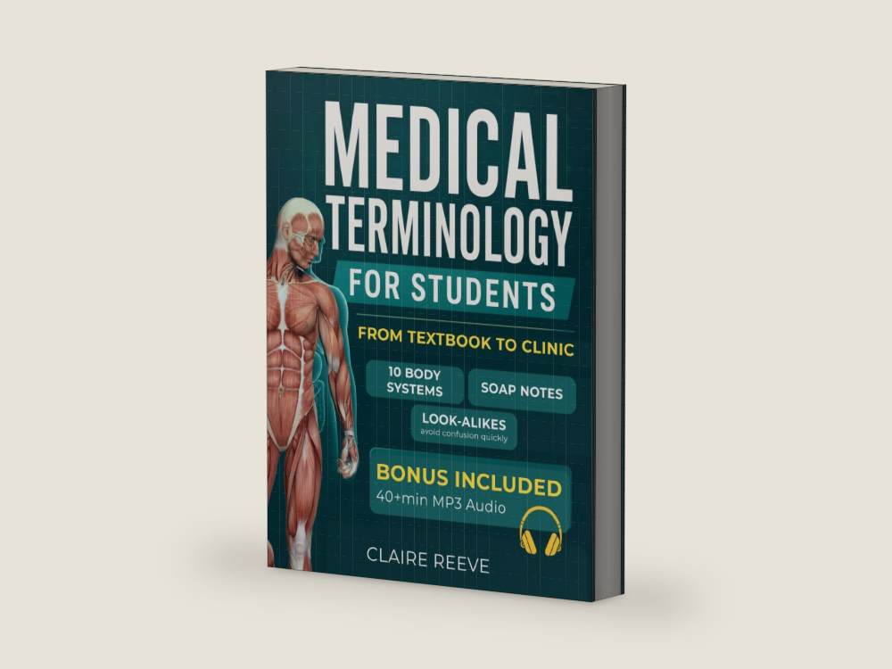 Medical Terminology for Students: From Textbook to Clinic. The Clinical Approach to Decode Any Term, Read Real Patient Charts, and Never Confuse a Look-Alike Again by Claire Reeve | barcode:9798199520478 | source:9798199520478-right-three-quarter.jpg