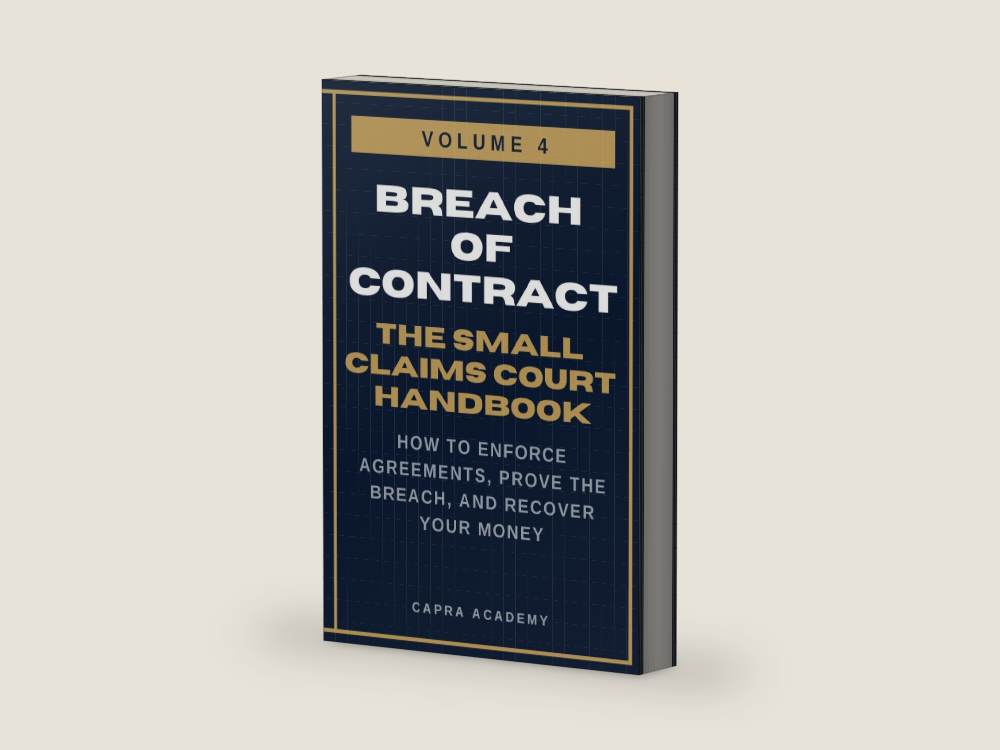 Breach of Contract: The Complete Small Claims Court Handbook — How to Enforce Agreements, Prove the Breach, and Recover Your Money (The Small Claims ... and Collecting Your Money in Small C) by Capra Academy | barcode:9798257470110 | source:9798257470110-right-three-quarter.jpg