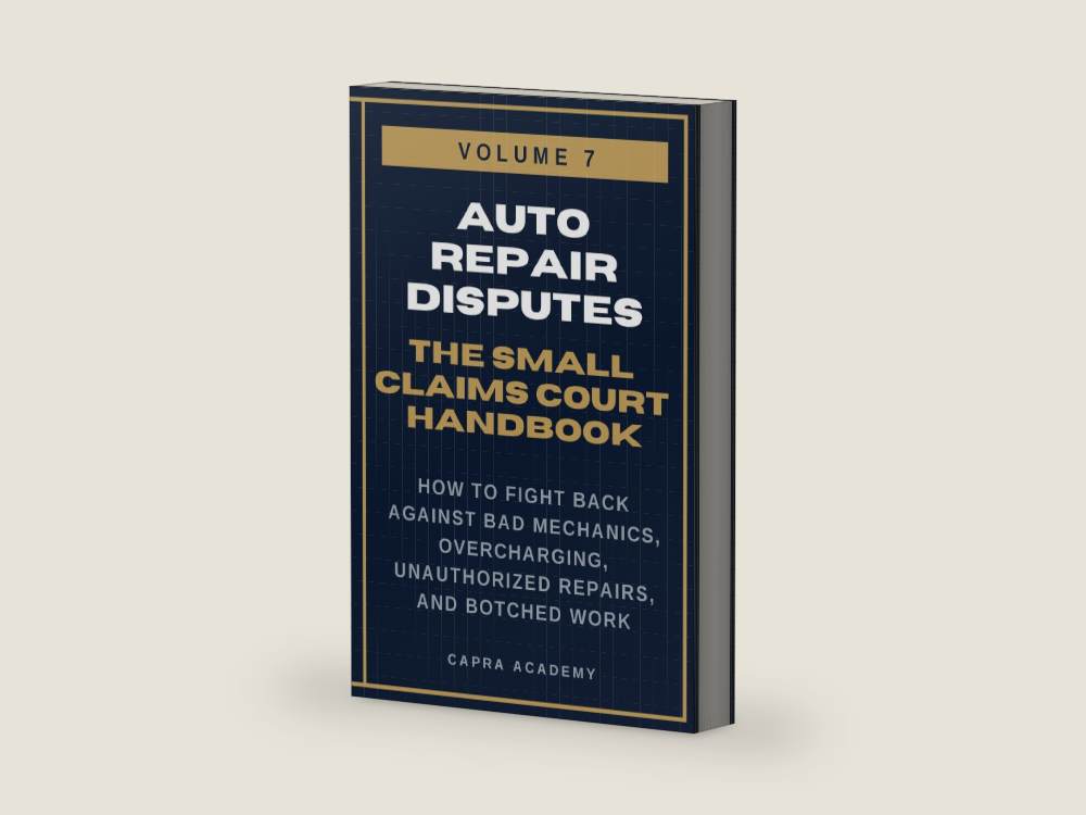 Auto Repair Disputes: The Complete Small Claims Court Handbook — How to Fight Back Against Bad Mechanics, Overcharging, Unauthorized Repairs, and ... and Collecting Your Money in Small C) by Capra Academy | barcode:9798257472053 | source:9798257472053-right-three-quarter.jpg