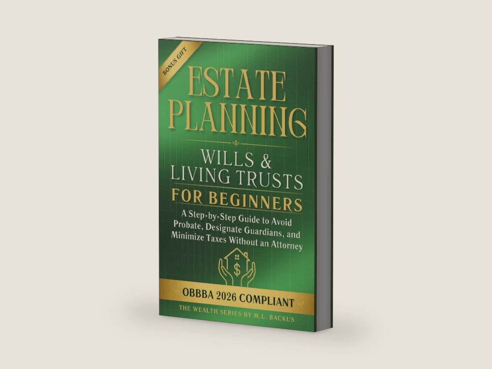 ESTATE PLANNING WILLS & LIVING TRUSTS FOR BEGINNERS: A Step-by-Step Guide to Avoid Probate, Designate Guardians, and Minimize Taxes Without an Attorney (The Wealth Series) by M.L. Backus | barcode:9798258116031 | source:9798258116031-right-three-quarter.jpg