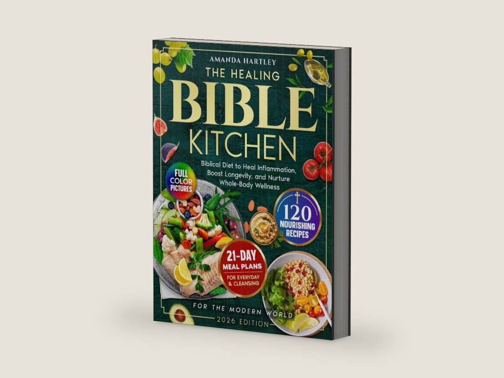The Healing Bible Kitchen: Biblical Diet for the Modern World — 120 Nourishing Recipes to Heal Inflammation, Boost Longevity, and Nurture Whole-Body Wellness by Amanda Hartley | barcode:9798276240671 | source:9798276240671-right-three-quarter.jpg