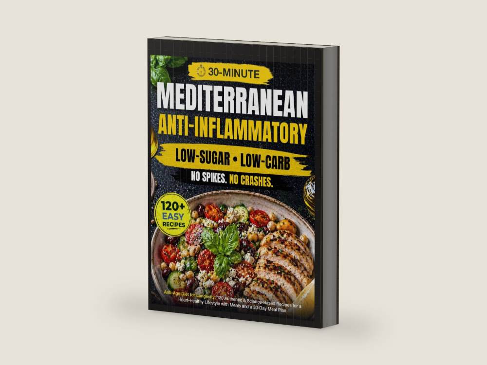 Anti-Age Mediterranean Diet for Longevity: 120 Authentic, Easy & Science-Based Recipes for a Heart-Healthy, Anti-Inflammatory, Low-Sugar Lifestyle with 30-Minute Meals and a 30-Day Meal Plan by Elara Veylin | barcode:9798278000297 | source:9798278000297-right-three-quarter.jpg