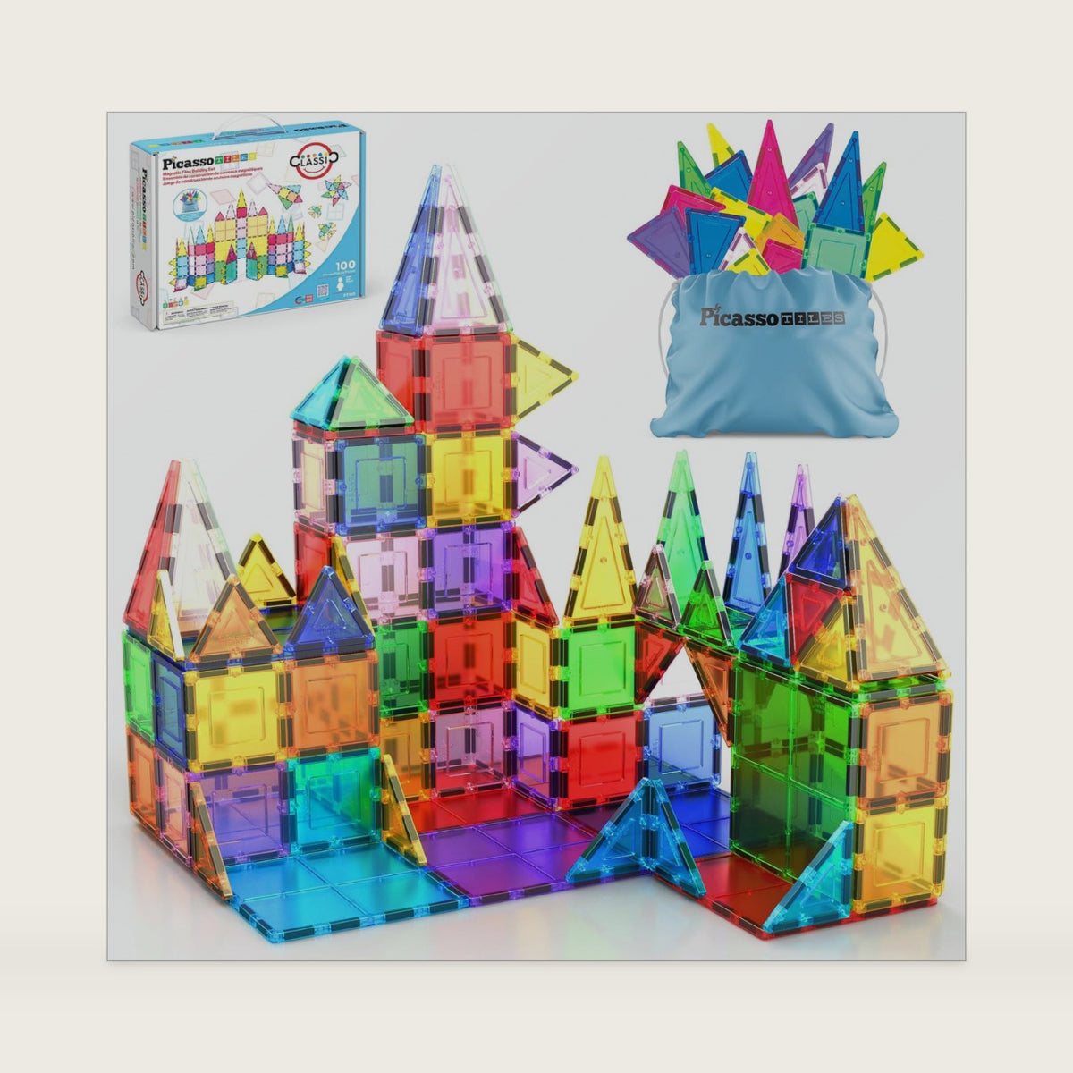 PicassoTiles 100 Piece Magnetic Tiles, Clear 3D Building Blocks for Kids 3+