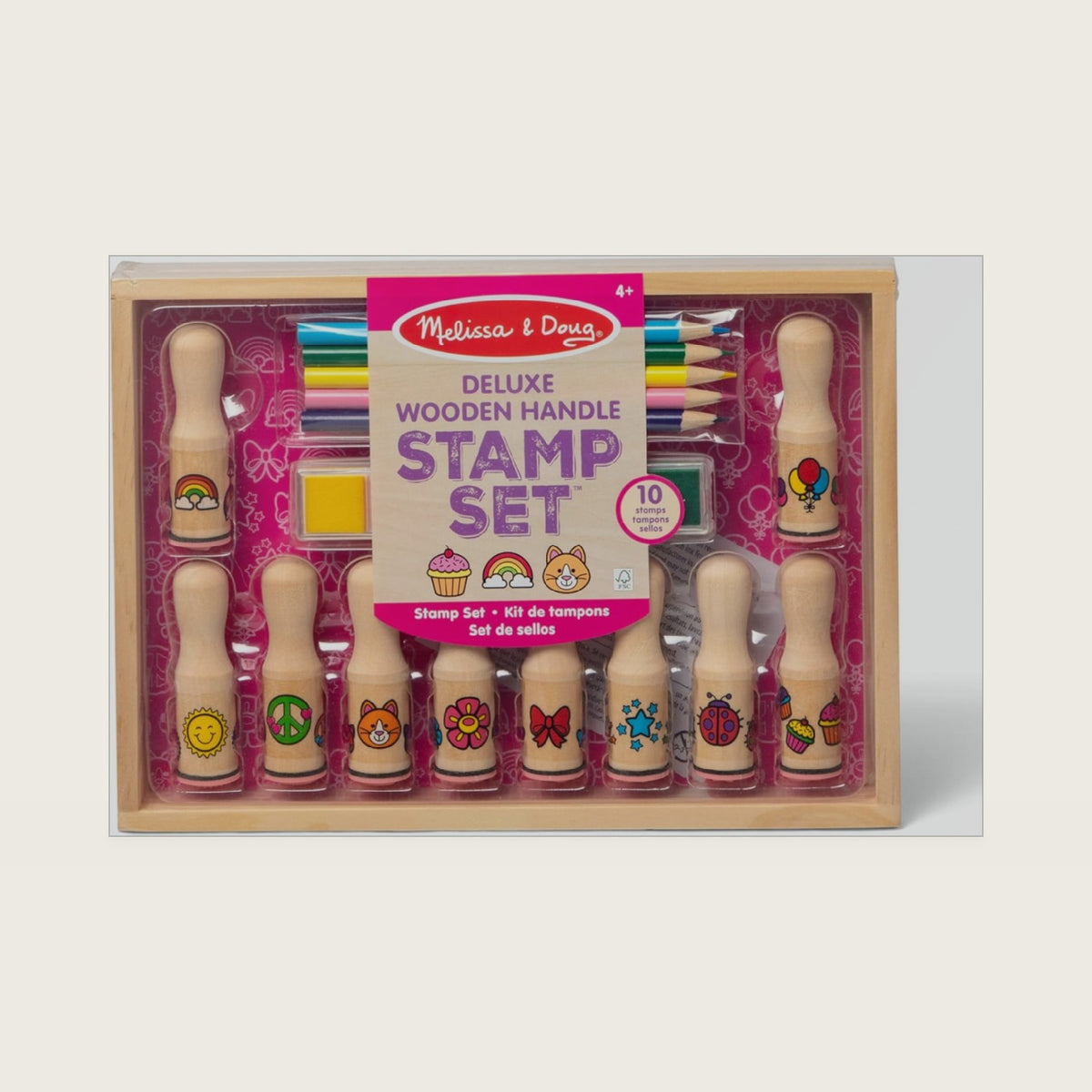 Deluxe Happy Handle Stamp Set with 10 Stamps, 5 Colored Pencils, and 6-Color Washable Ink Pad