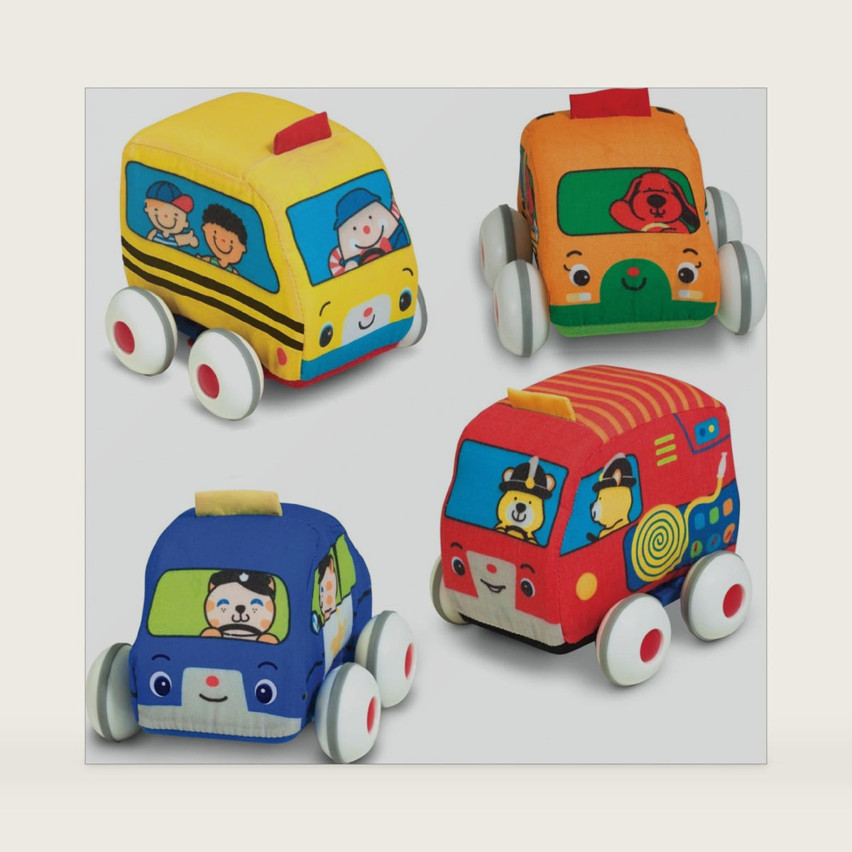 Melissa & Doug K's Kids Pull-Back Town Vehicle Set - Baby Toys Set with 4 Soft Toy Cars and Trucks, Surface Washable with Removable Wheels, Learning Toys for Babies and Toddlers