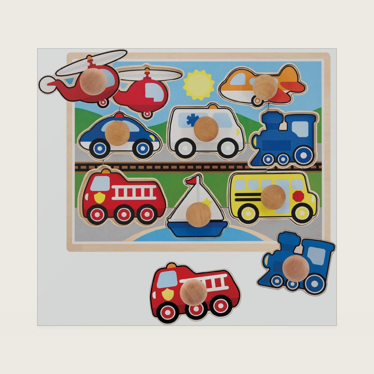 Vehicle Jumbo Knob Puzzle, Wooden Peg Puzzle for Toddlers, Educational Toy for Shape Recognition and Fine Motor Skills, Ages 1+