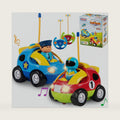 PREXTEX 2 Pack Cartoon Remote Control Cars for Toddlers - Police Car and Race Car with Steering Wheel Controllers and Lights - Different Frequencies Racing Together - Easter Toddler Gift 18+ Months.