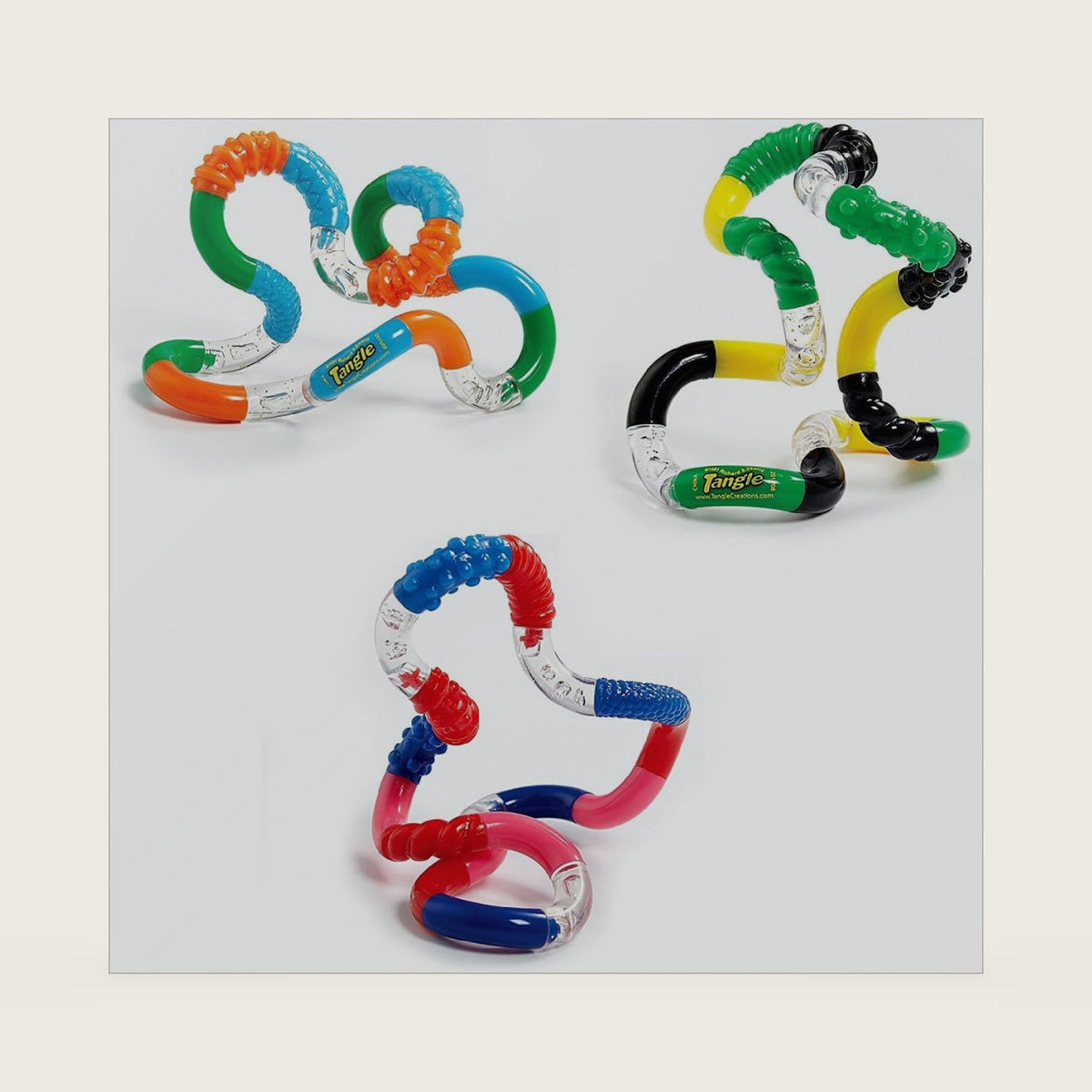 Tangle Jr. Brain Tools Textured Sensory Fidget Toy, 3 Pack, Green Yellow Black, Blue Orange Green, Red Pink Blue
