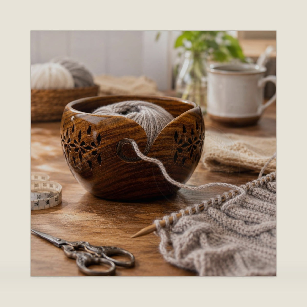 Nagina International Rosewood Crafted Wooden Yarn Storage Bowl With Carved Holes & Drills | Knitting Crochet Accessories (Small)