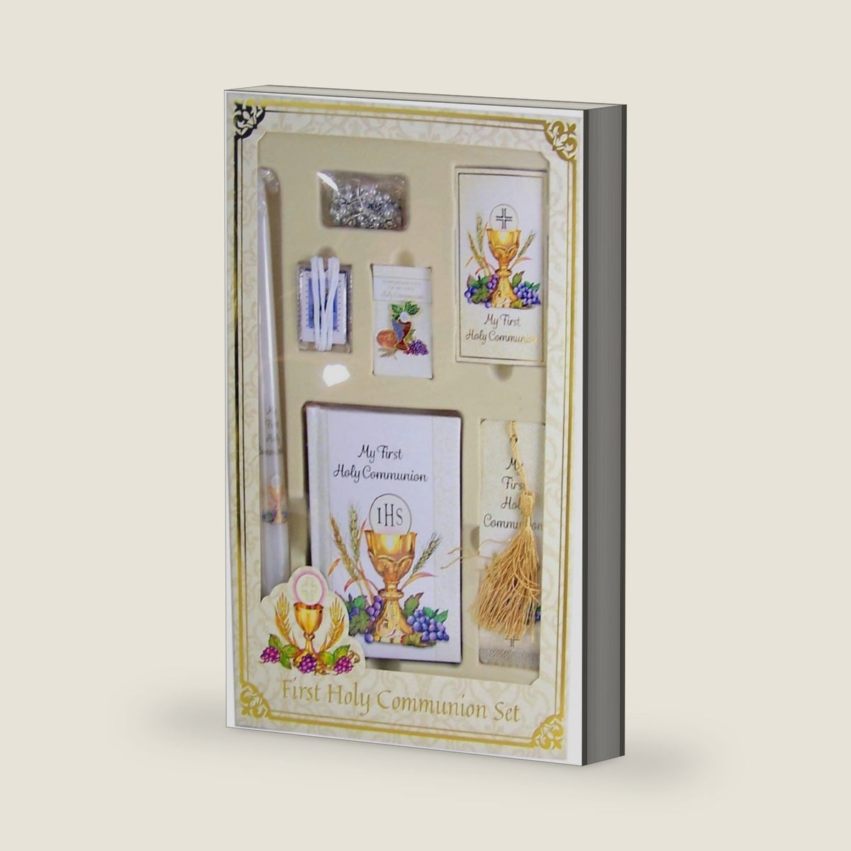 Christian Brands My First Holy Communion Deluxe 7-Piece Set Bread of Life Boxed Gift with Mass Book| Rosary| Scapular| Lapel Pin| Bookmark| Holy Card| Candle, for Girls