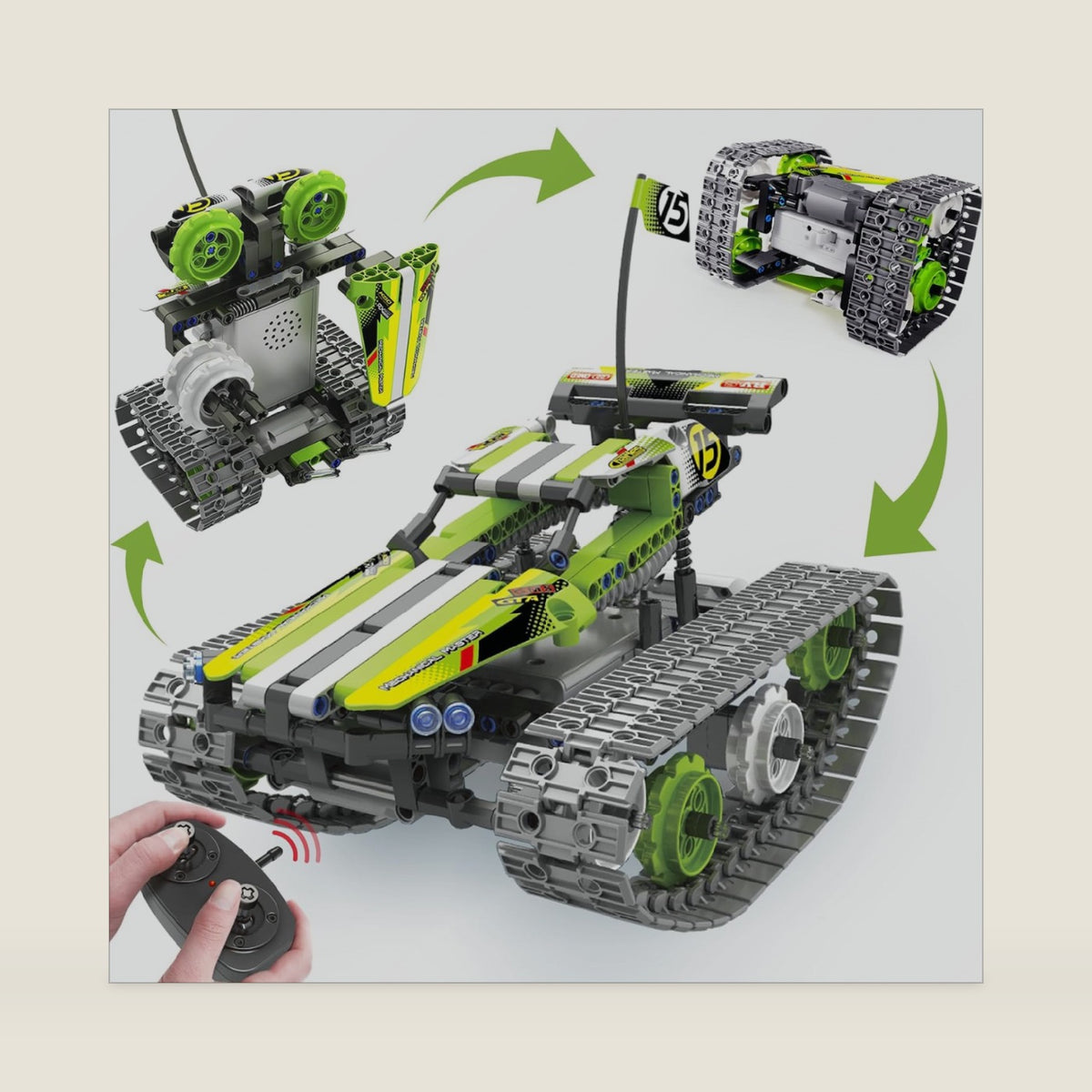 BIRANCO. Remote Control Tracked 3in1 Stunt Racer Building Kit - RC Car STEM Construction Toy, Gift Idea for Kids, Boys and Girls Ages 8-12 Year Old (353 Pcs)