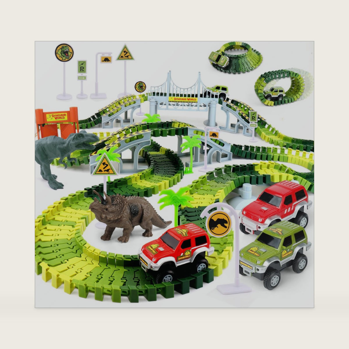Dinosaur Race Track Toys for Boys 3-5, Flexible Bridge Car Track Set with 2 Toy Cars & Dinosaur Figures, Adventure Race Track Playset for Boys Age 4-7 Birthday Gifts