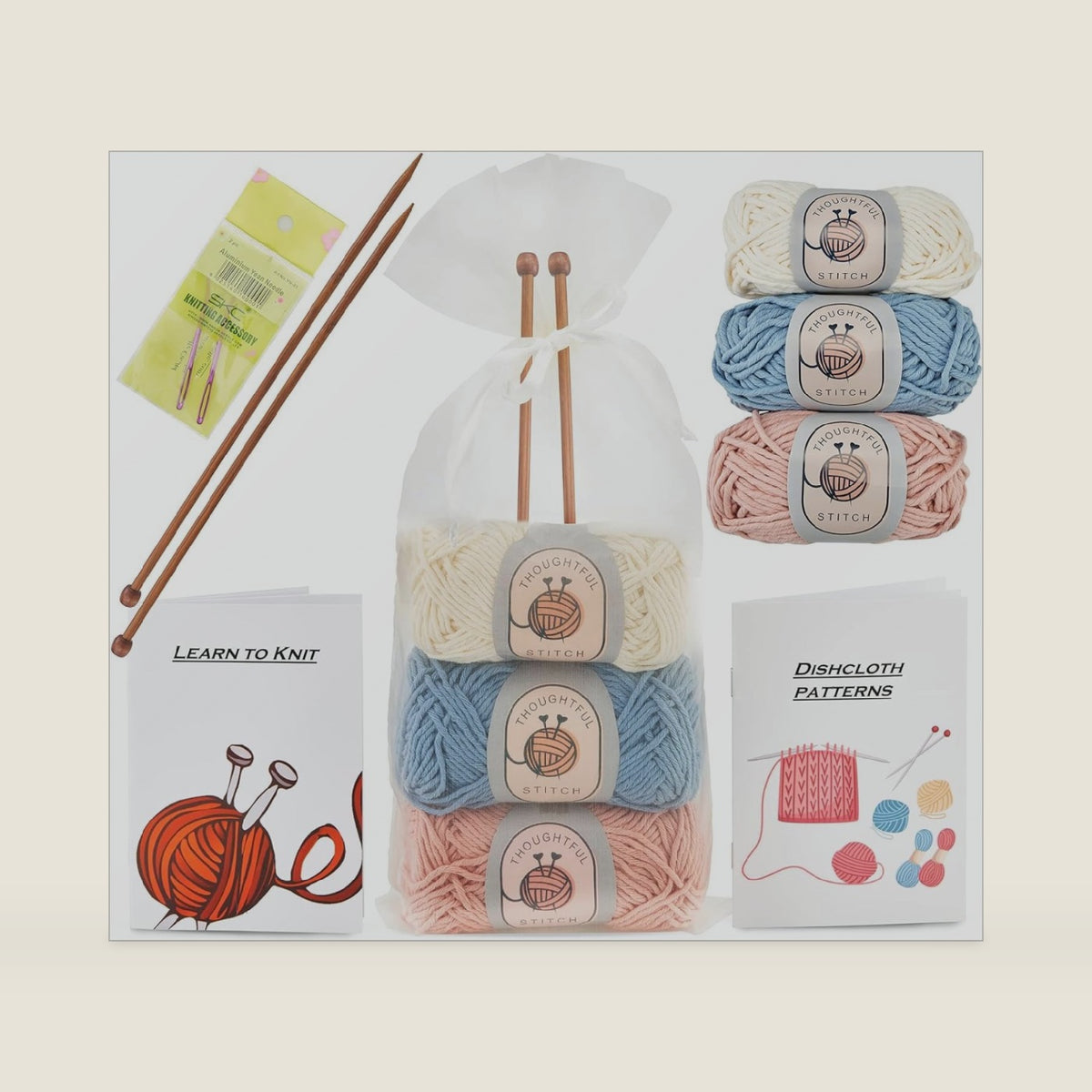 Thoughtful Stitch Knitting Kit for Beginners Adults & Kid Friendly- Complete Knitting Kit - Learn to Knit Yarn Set with Tutorial Book for Adult Hobbies - 100% Cotton Wool & Bamboo Knitting Needle