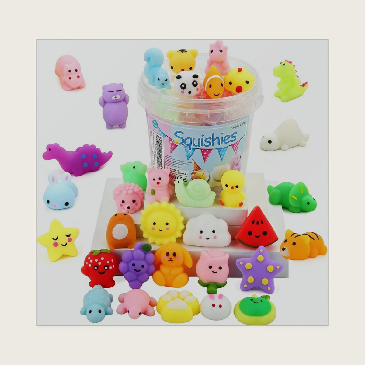 KINGYAO Squishies Squishy Toy 24pcs Party Favors for Kids Mochi Squishy Toy moji Kids Mini Kawaii squishies Mochi Stress Reliever Anxiety Toys Easter Basket Stuffers fillers with Storage Box