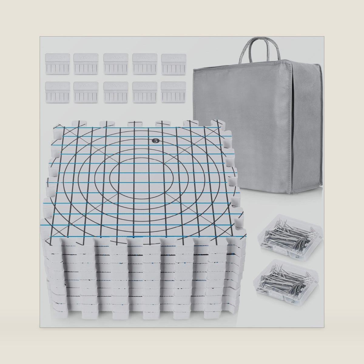 Extra Thick Blocking Mats for Wet and Steam Blocking - Includes Pack of 9, 100 T Pins, 10 Pin Blocker and Storage Bag