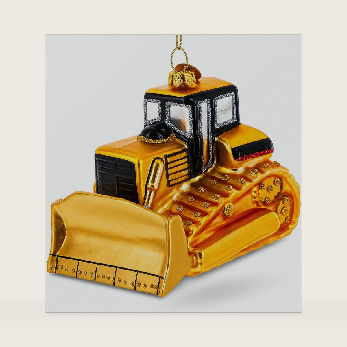 Tracked Bulldozer Construction Vehicle with Detailed Cab Glass Christmas Ornament