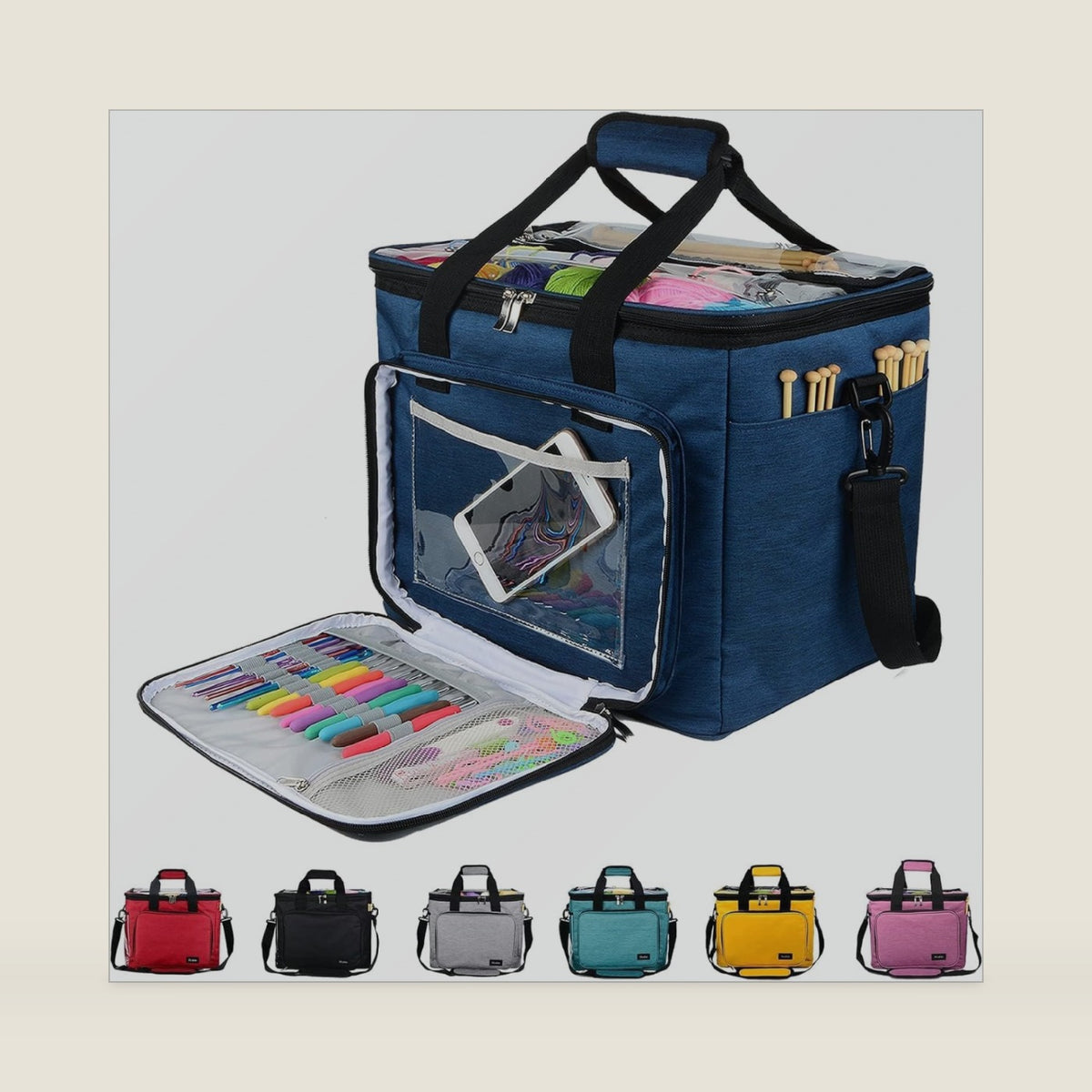 Hoshin Knitting Bag for Yarn Storage, High Capacity Yarn Totes Organizer with Inner Divider Portable for Carrying Project, Knitting Needles(up to 14”), Crochet Hooks, Skeins of Yarn (Navy)