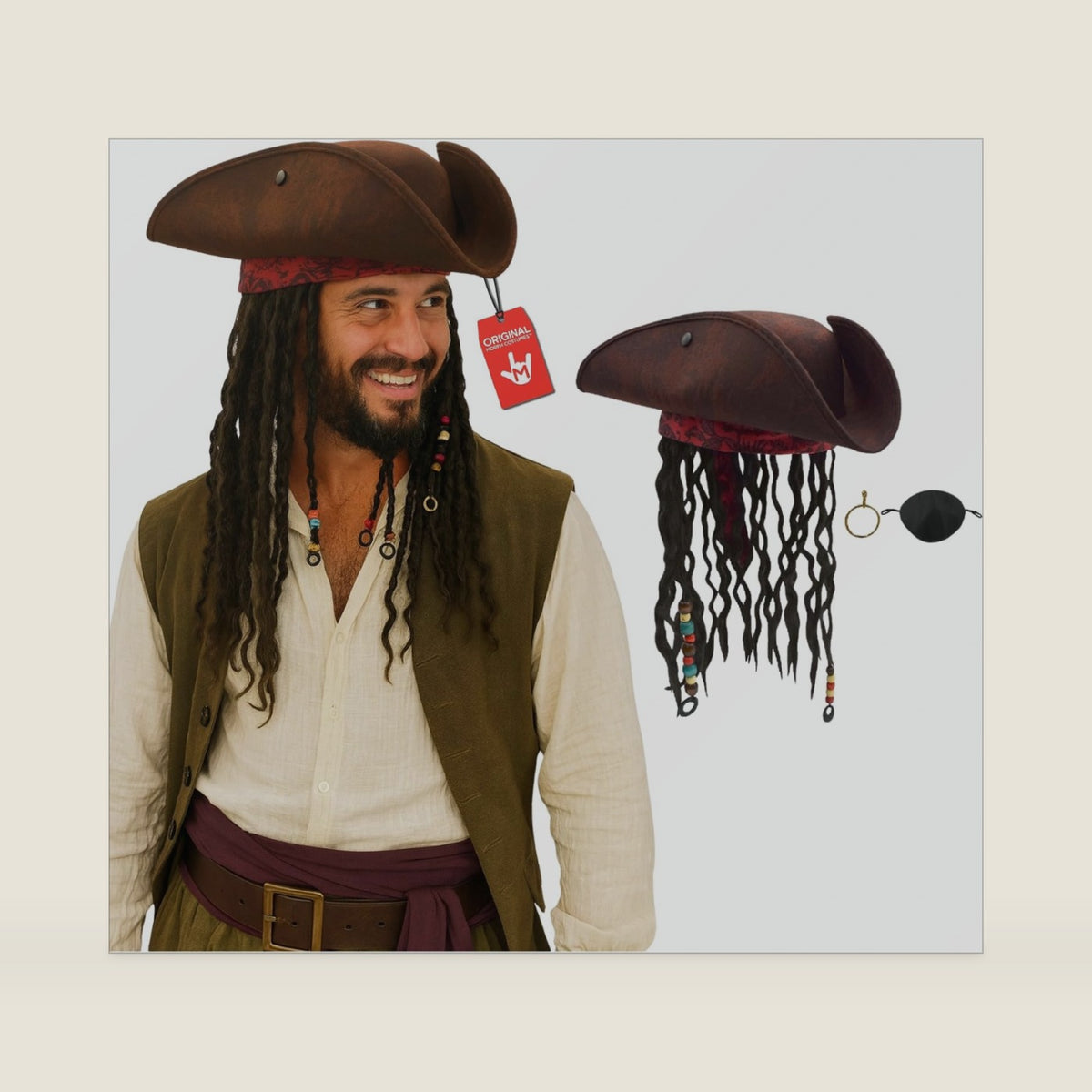Nicky Bigs Novelties Mens Pirate Hat, Eye Patch & Earring Set for Halloween