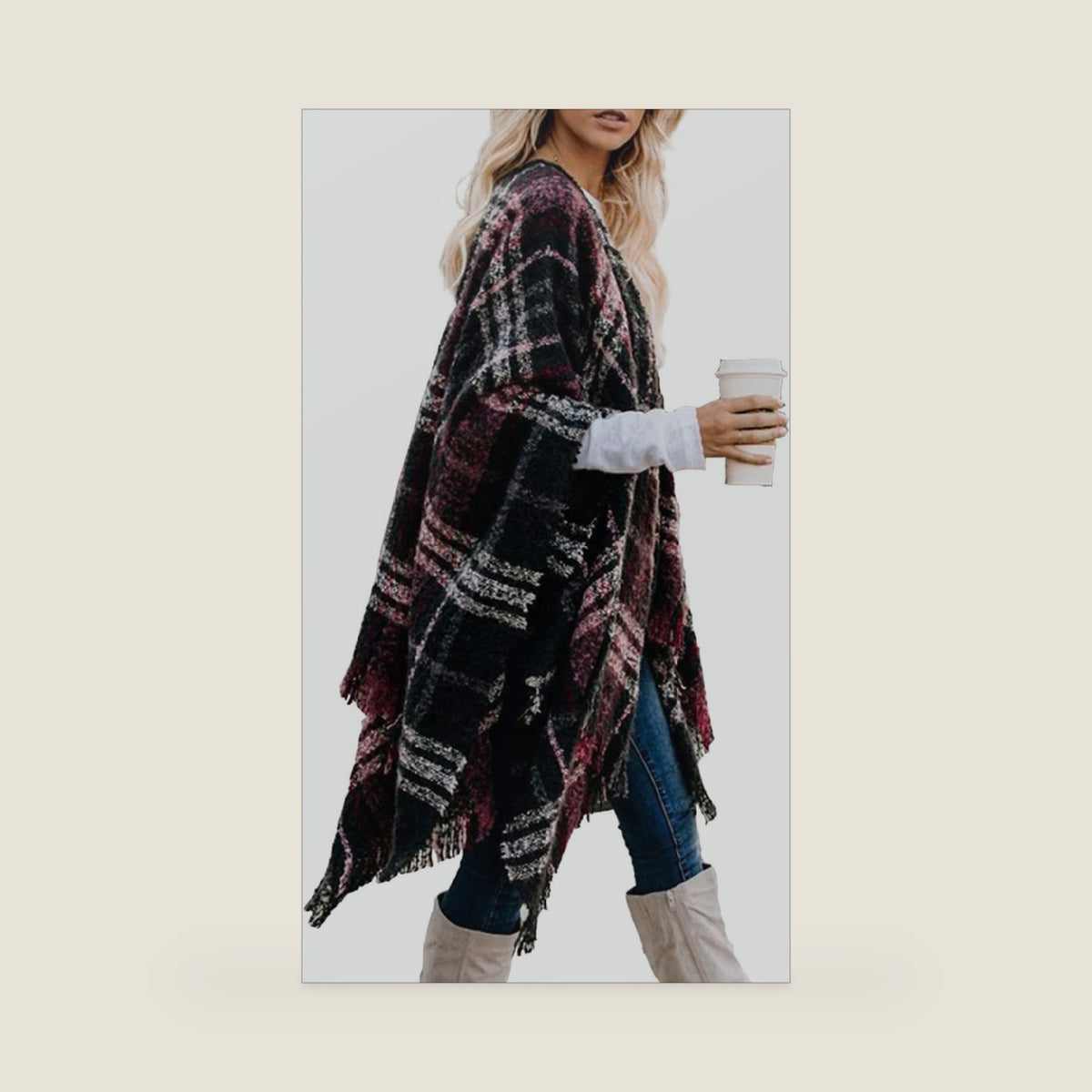 Bestshe Women's Boho Open Front Poncho Cardigan Plaid Shawl Wrap Cape