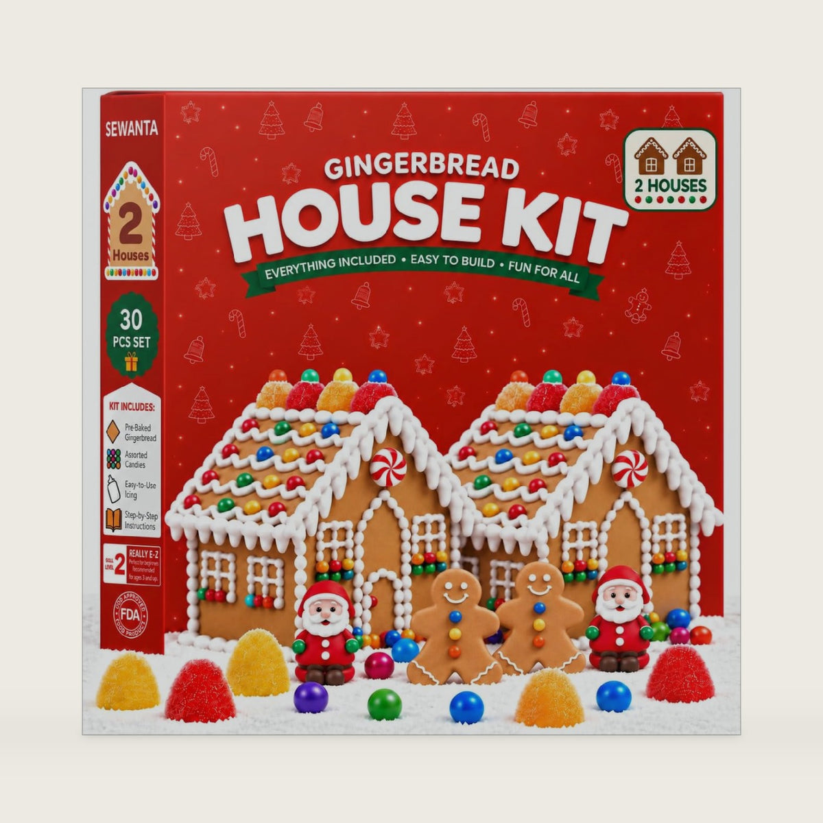 Gingerbread House kit [Set of 2] DIY Gingerbread House, Holiday Activity for Kids, Ease Crafted Grooves Decor Kit of 2 Houses/4 ppl/Fondant/Snowflakes/Candies/Jellies/Beads/Buttons/Tray 30 Pcs Set