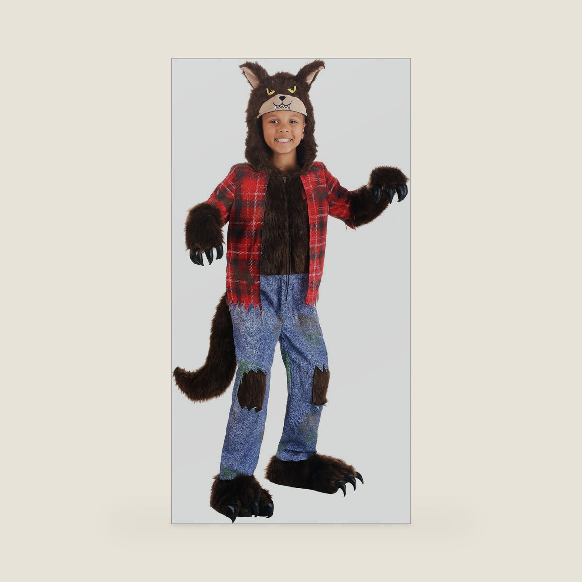 Kids Brown Werewolf Costume - Hooded Jumpsuit with Stuffed Claws and Shoe Covers