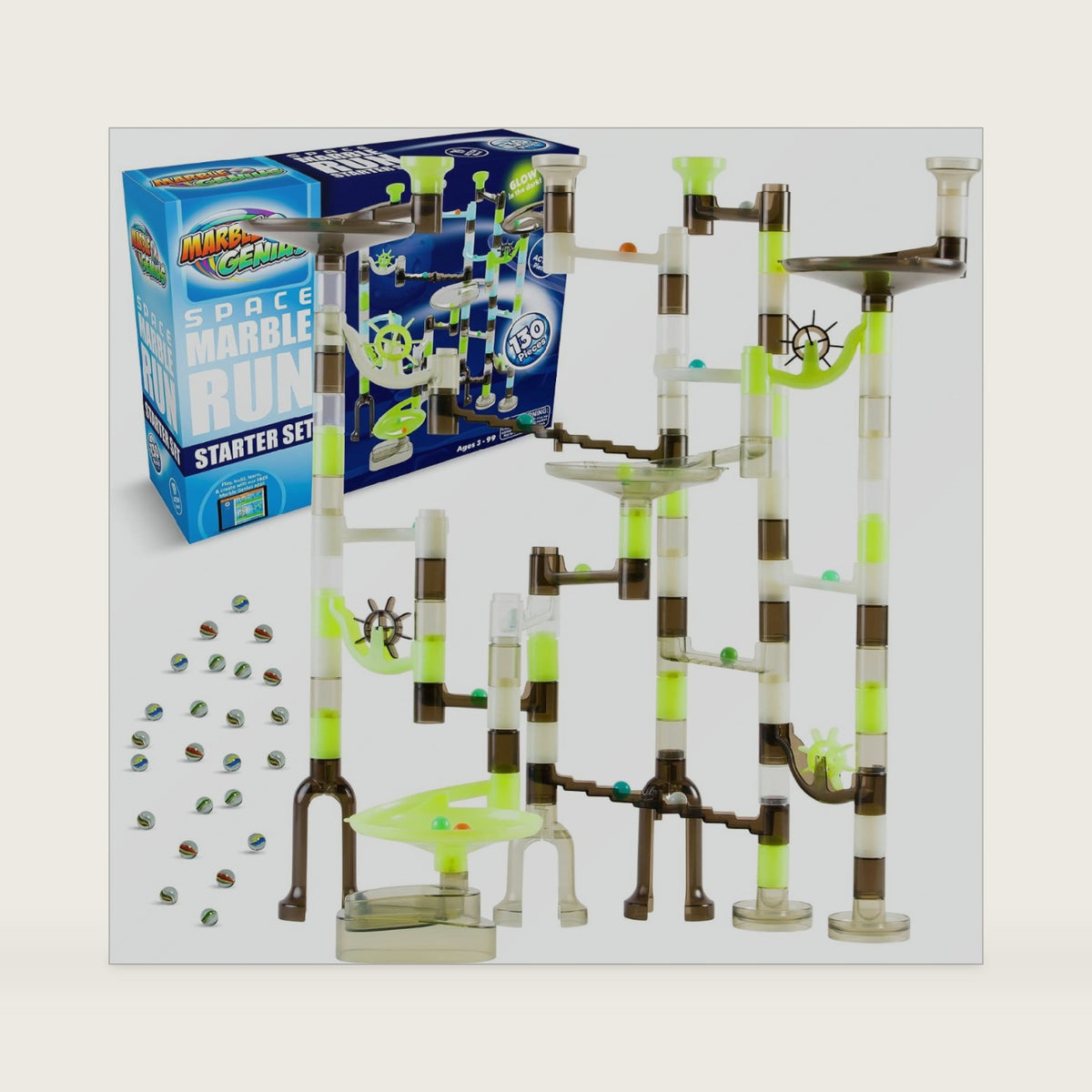 Marble Genius Marble Run Starter Set STEM Toy for Kids Ages 4-12 - 130 Complete Pieces (80 Translucent Marbulous Pieces and 50 Glass Marbles), Construction Building Block Toys, Theme (Space)