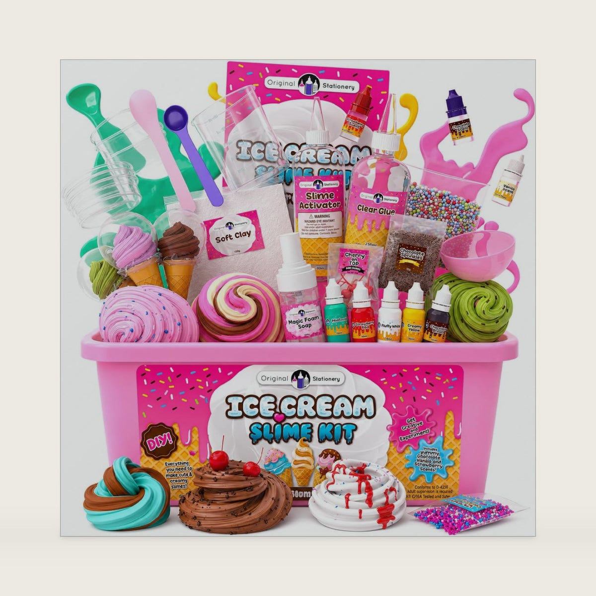 Original Stationery Ice Cream Slime Kit for Girls Toys, DIY Cherry-Scented Slime Making Set with 31 Pieces, Fun Arts and Crafts for Kids Ages 8-12, Birthday Gift