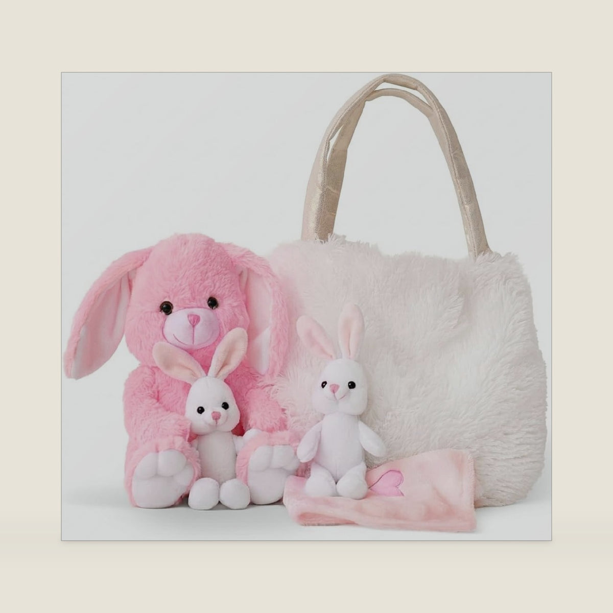 Perfectto Design Easter Gifts for Kids, Stuffed Bunny Toy 5 Pcs - Mommy Stuffed Rabbit, 2 Baby Bunnies and Furry Bag. Soft Easter Bunny Plush Gift for Kids 3-5