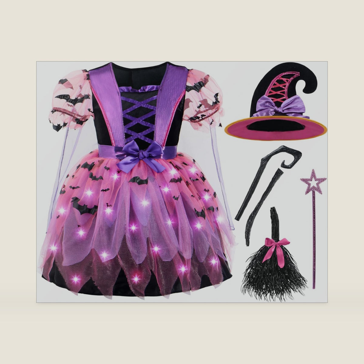 Spooktacular Creations Girls Light Up Witch Costume, Kids Witch Costume with Hat and Broom for Toddler Halloween Dress Party