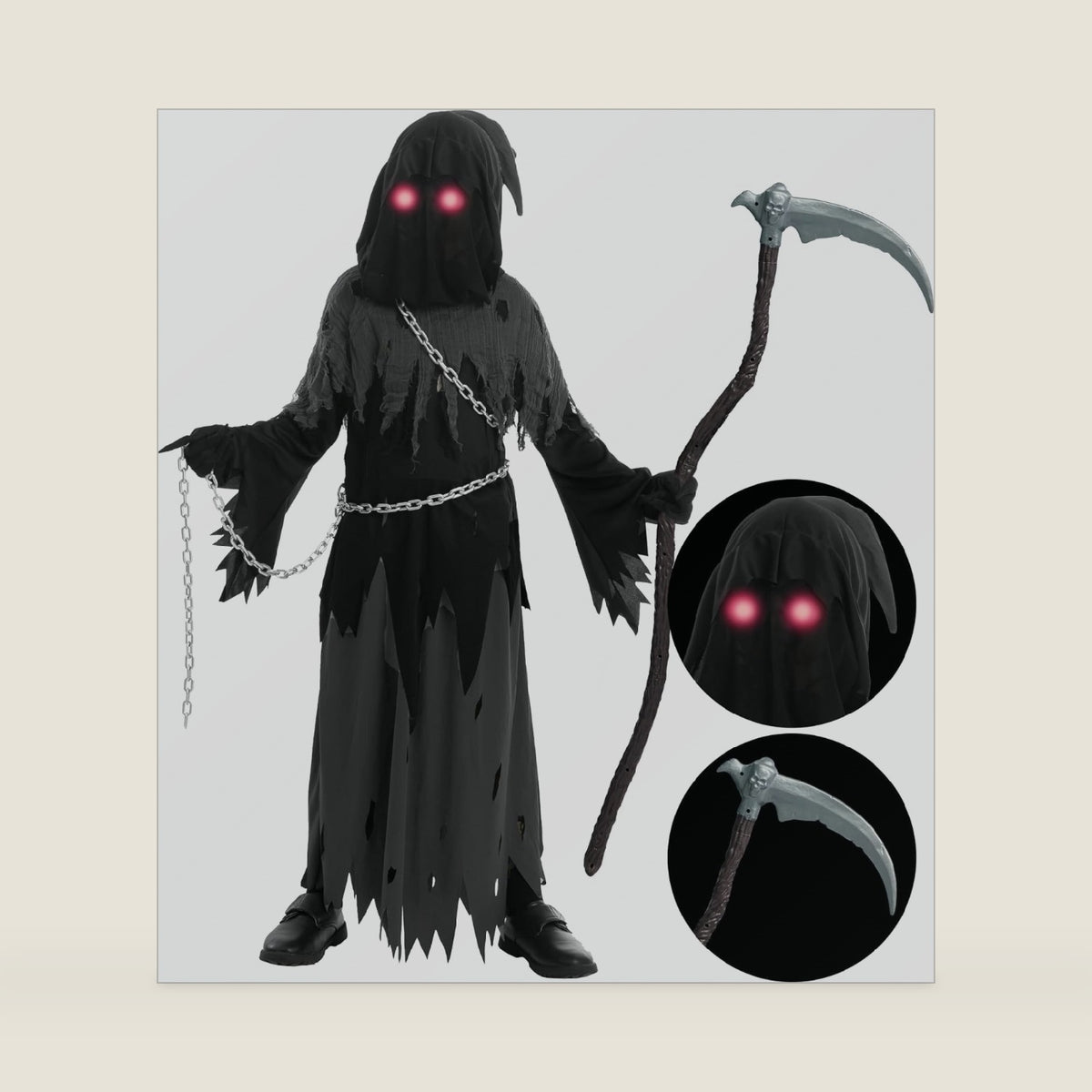 Spooktacular Creations Glowing Eyes Grim Reaper Costume for Kids, Halloween Costume for Boys, Halloween, Dress-up Party