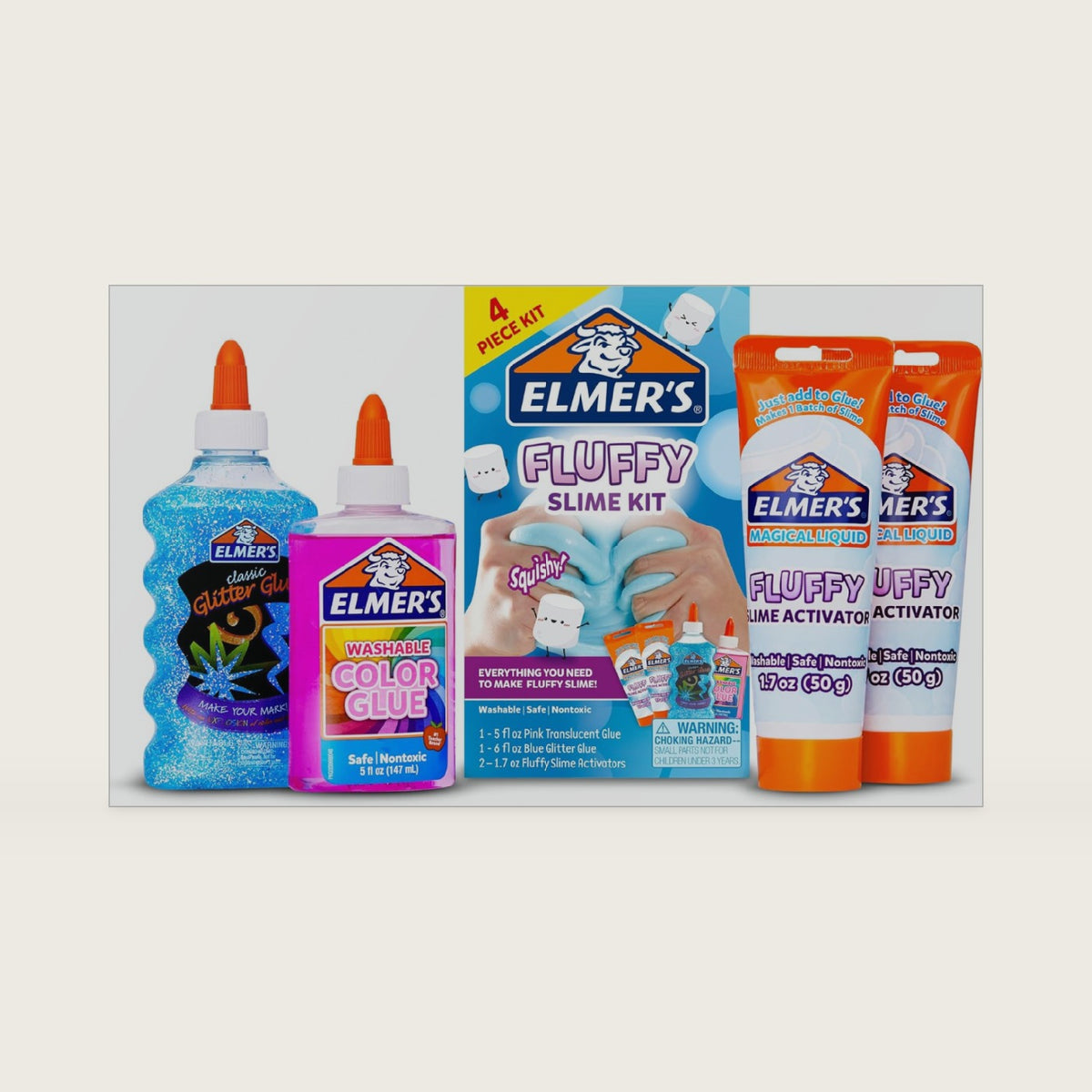 Elmer’s Fluffy Slime Kit, Includes Translucent Color Glue, Glitter Glue, Fluffy Slime Activator, 4 Count - Perfect for Birthday Parties, Summer Fun, Creative Kids Activity