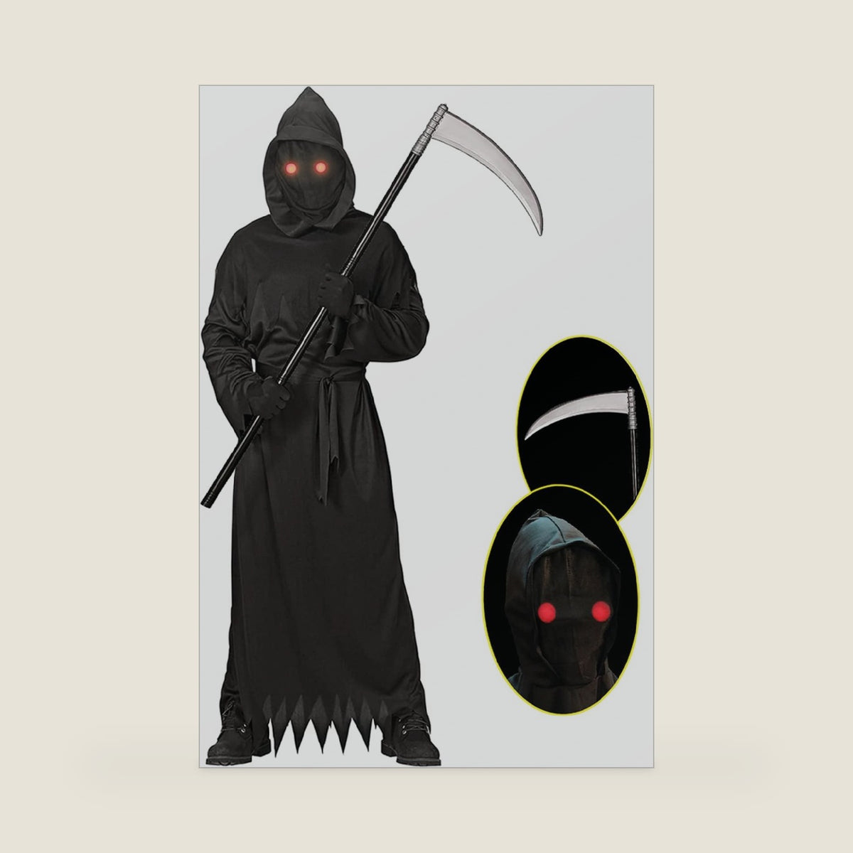 Lomesion Grim Reaper Halloween Costume with Glowing Red Eyes for Kids, Scythe Included