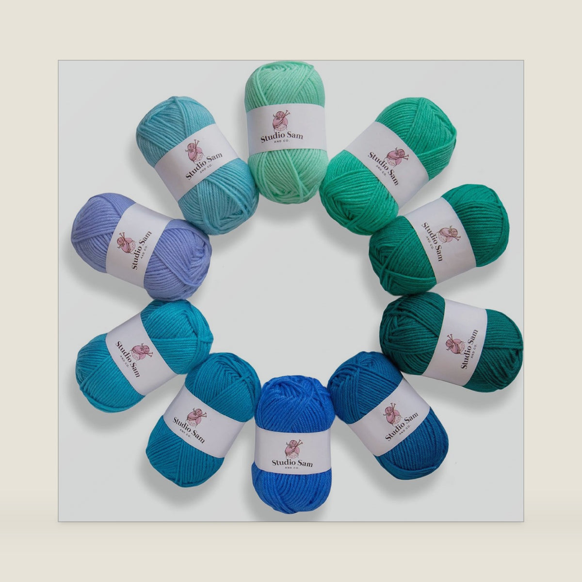 Studio Sam Acrylic Yarn Set. Ten Large 50g Skeins. Total 1030 Yards. for All Knitting, Crochet and Craft Projects. Blue and Green (Sea Glass Collection)