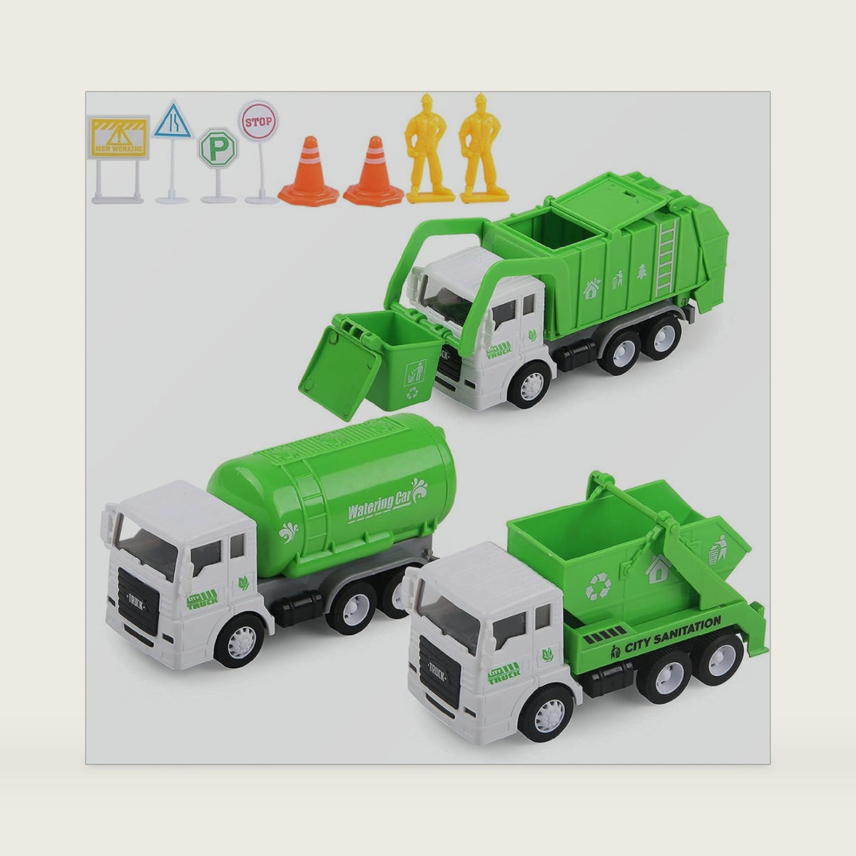FIVEDAOGANG Toy Vehicles Set 3 Pack Sanitation Truck Car Model Garbage Trucks Water Tanker Playset with 8 Signpost Friction Power for Boys Age 3+ Toddlers Kids Holiday Birthday Gift Children