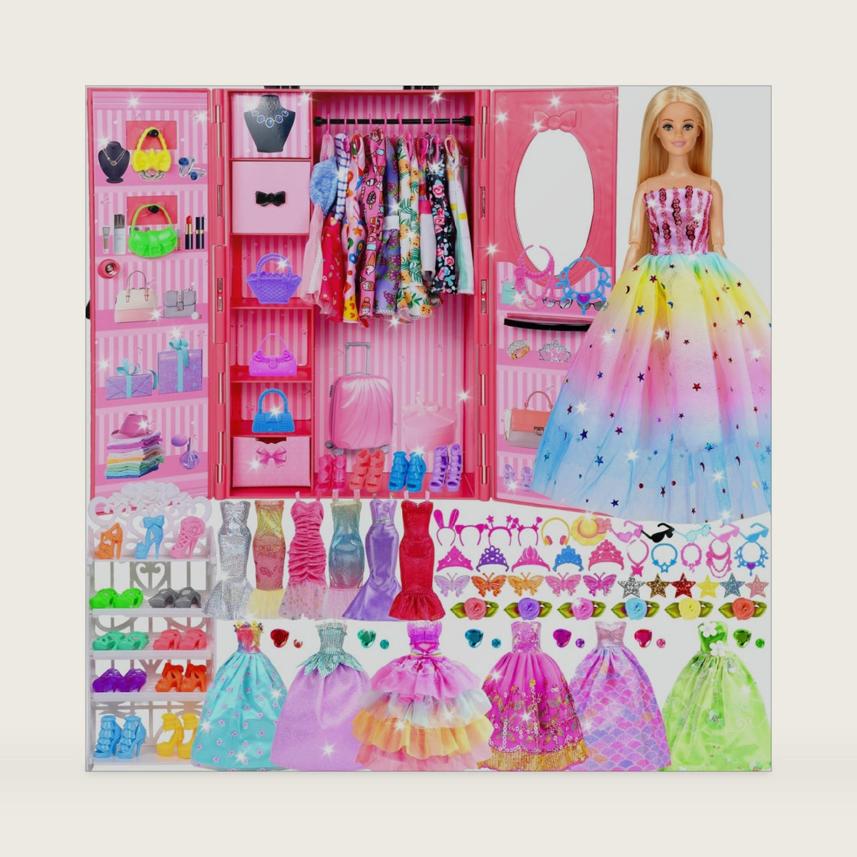 150 Pcs Doll Clothes and Accessories Playset with Dolls for Girls, Princess Gowns, Fashion Dresses, Swimsuits, Tops, Pants, Shoes, Bags Jewelrys in Closet for Doll Dress Up Fit for 11.5" Dolls
