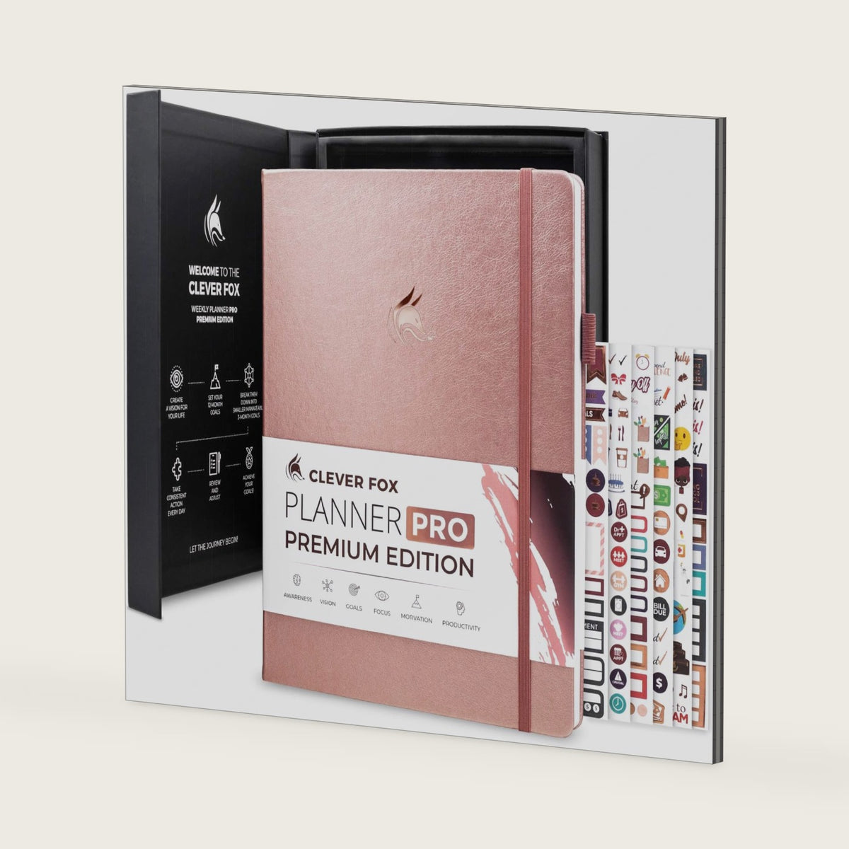 Clever Fox Planner PRO Premium, Undated Weekly, Daily, Budget, Rose Gold