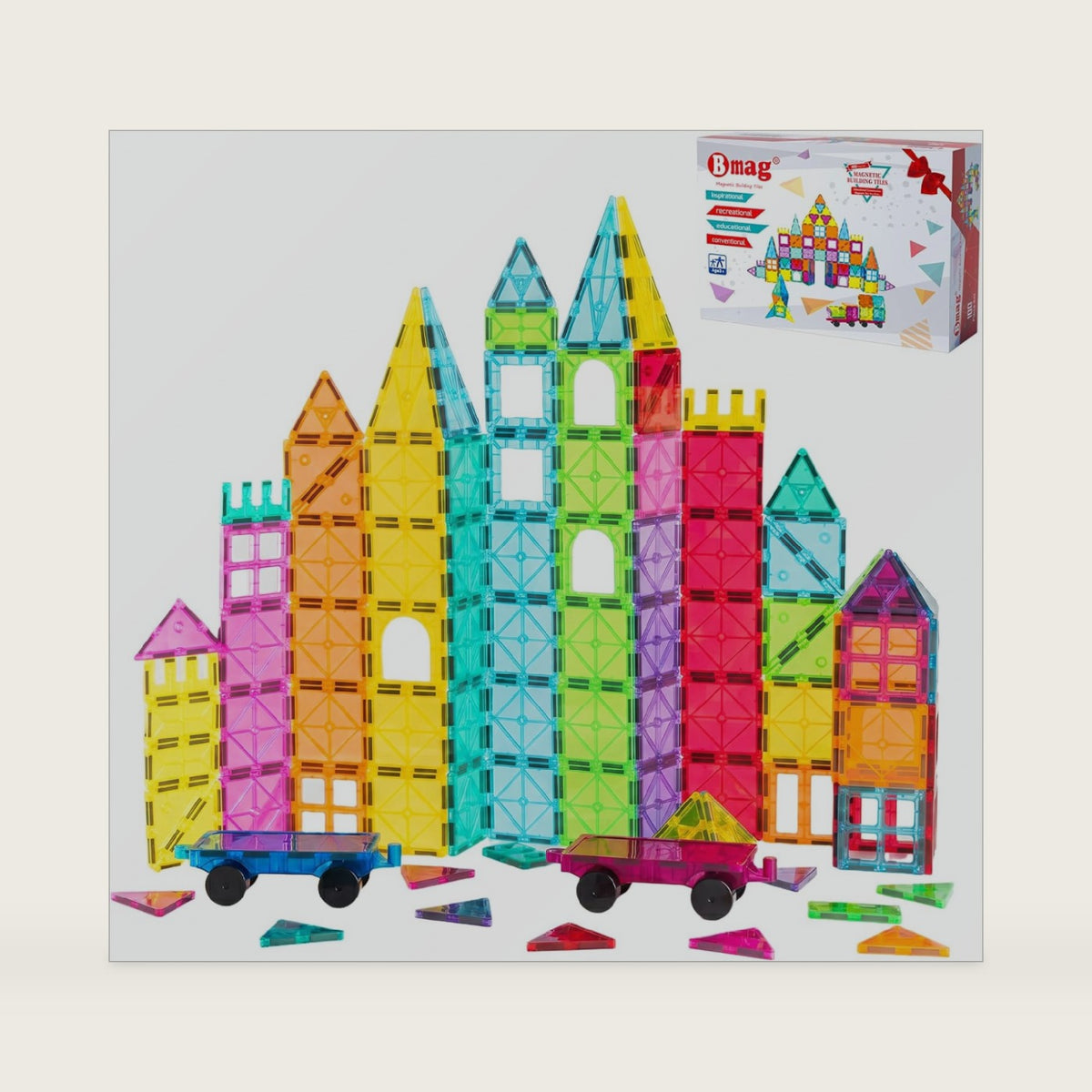 Bmag Magnetic Tiles Building Blocks Set with 2 Cars 100Pcs, Designed for Open-Ended Building and Versatile Play, Gifts for STEM Support and Parent-Child Interaction for Kids Aged 3+