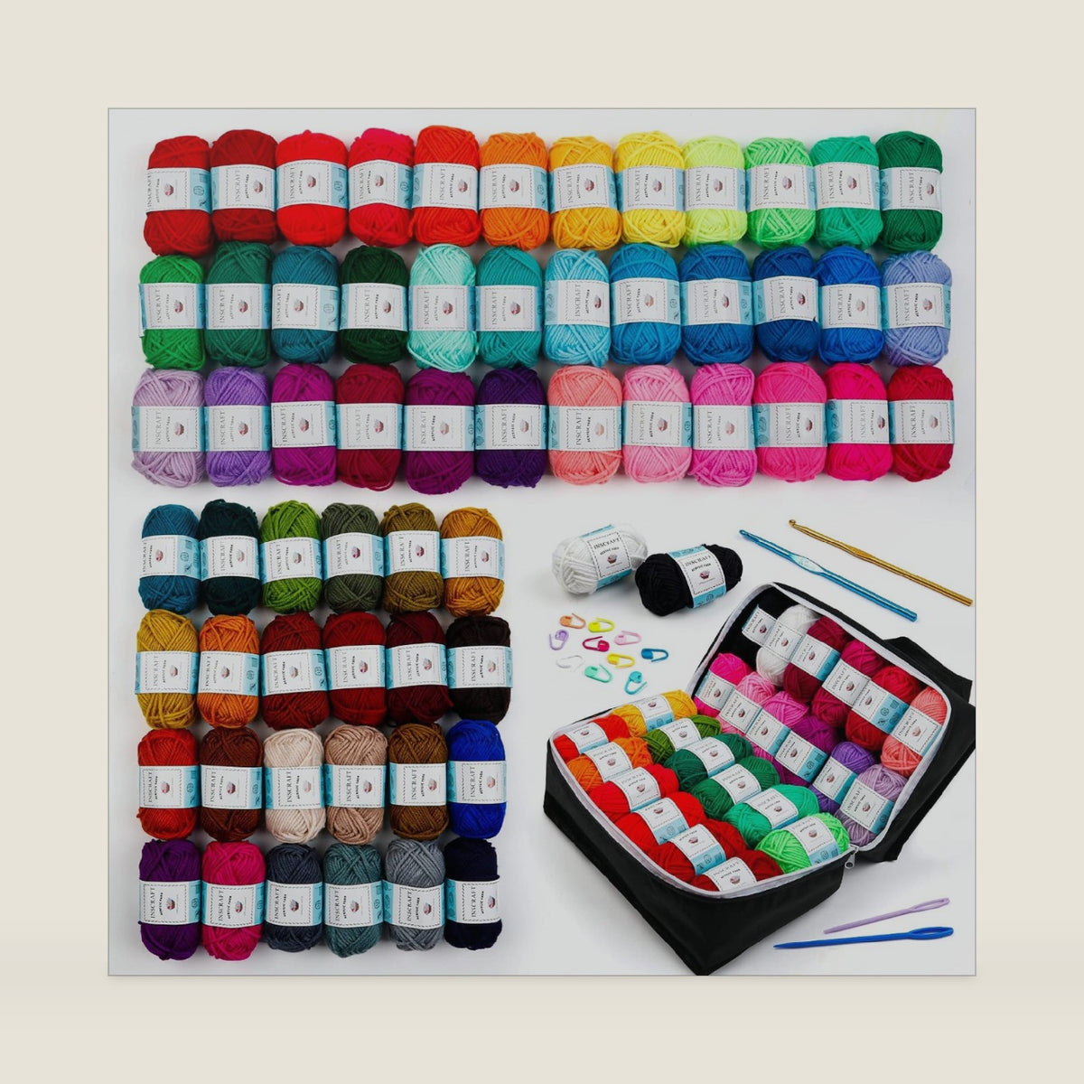 INSCRAFT 62 Acrylic Yarn Skeins, 2170 Yards Yarn for Knitting and Crochet, Includes 2 Crochet Hooks,2 Weaving Needles,10 Stitch Markers, Perfect Beginner Kit for for Adults Kids